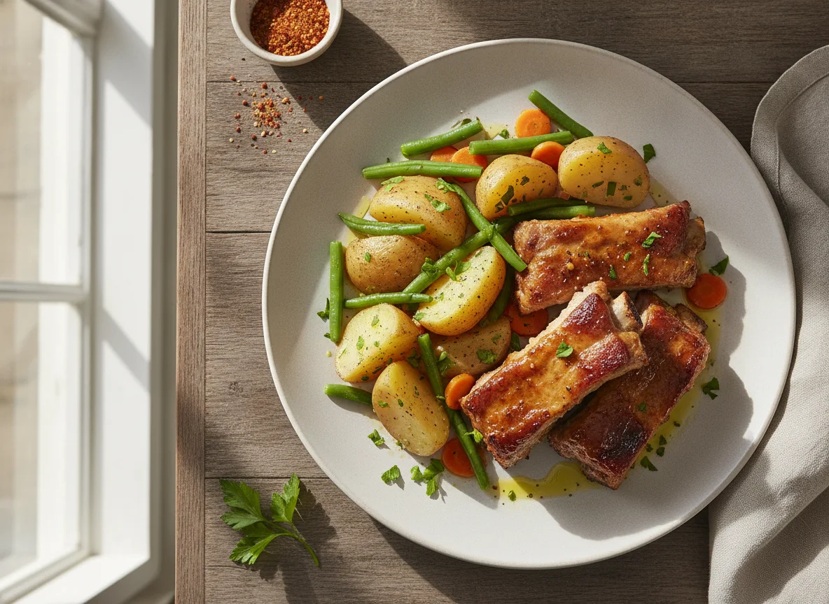 Costillas de cerdo con patatas y judías verdes photo