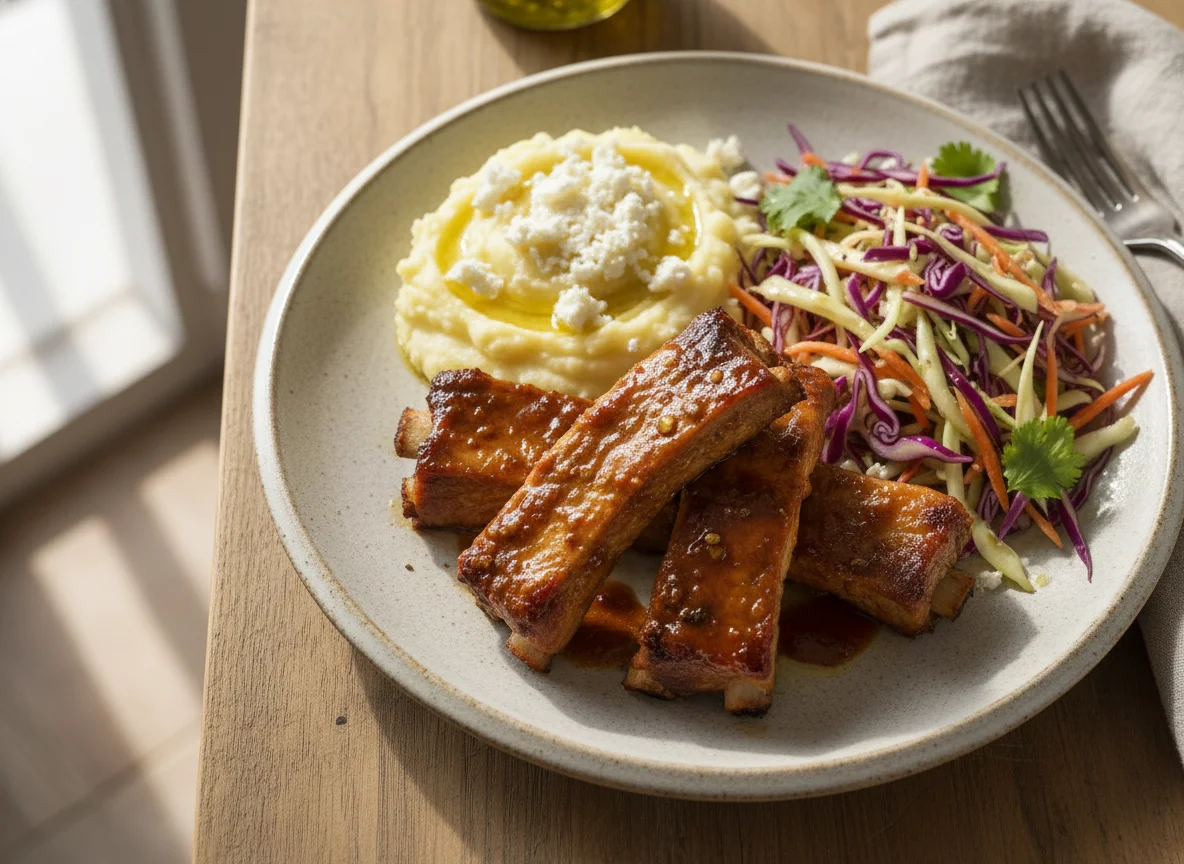 Costillas de cerdo con puré de papa y ensalada de repollo photo