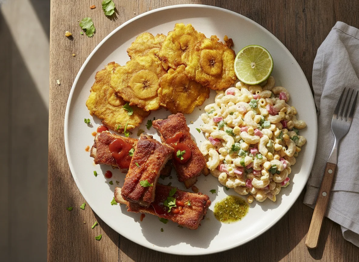 Costillas de cerdo con tostones y ensalada de pasta photo