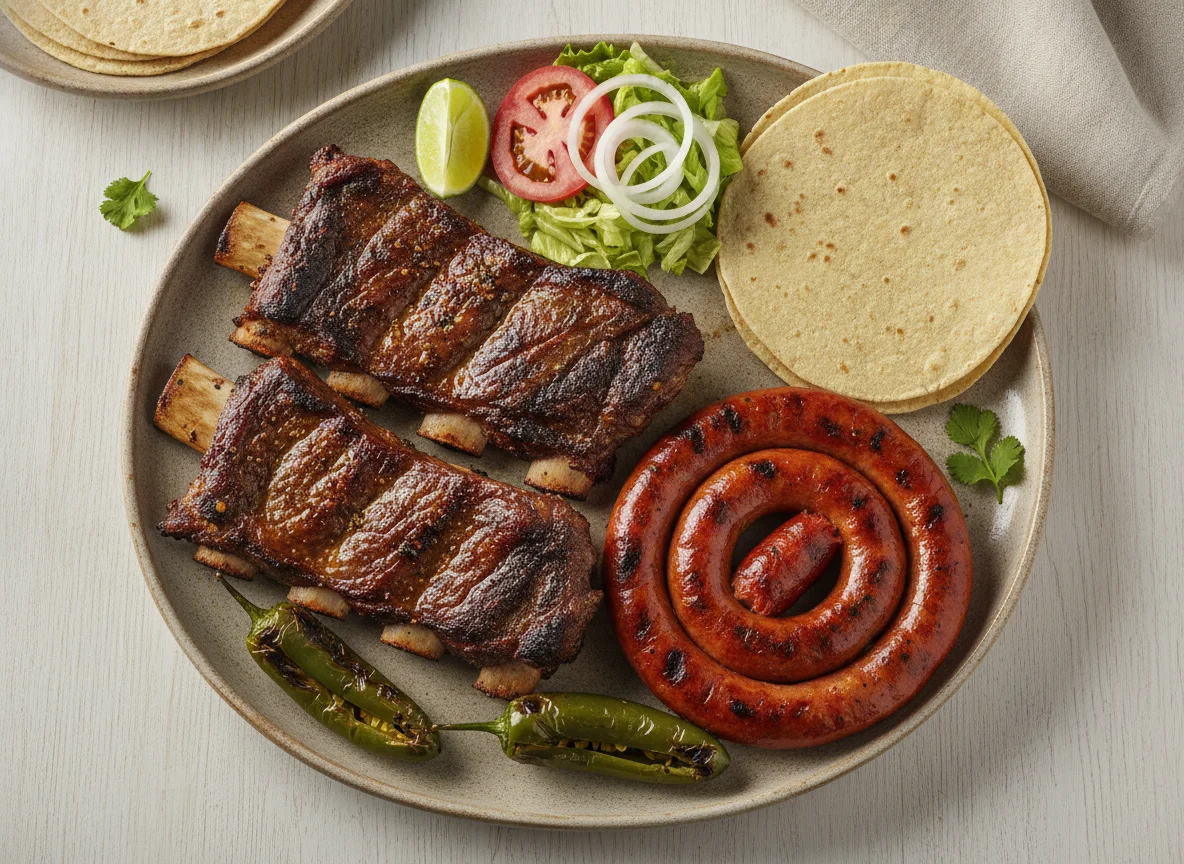 Costillas de res asadas con chistorra y guarnición photo
