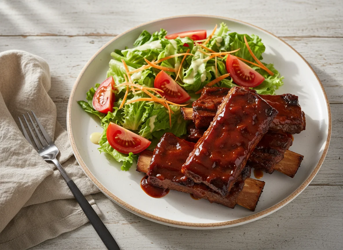 Costillas de res con ensalada photo