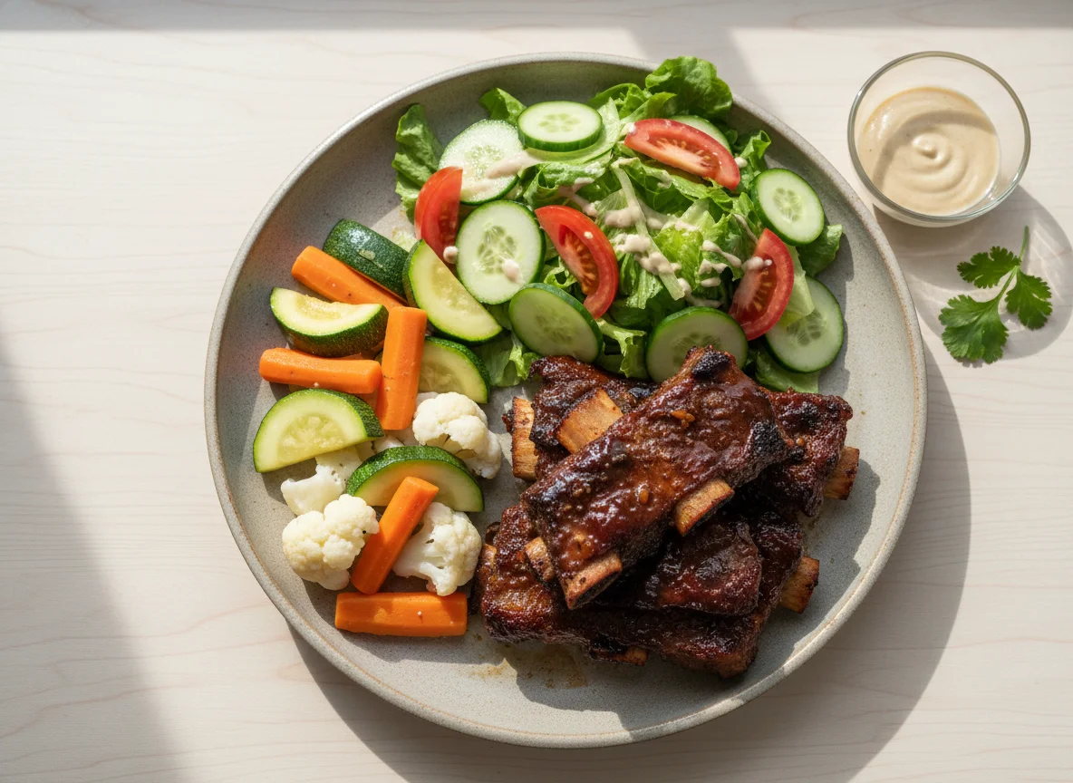 Costillas de res con ensalada y vegetales al vapor photo