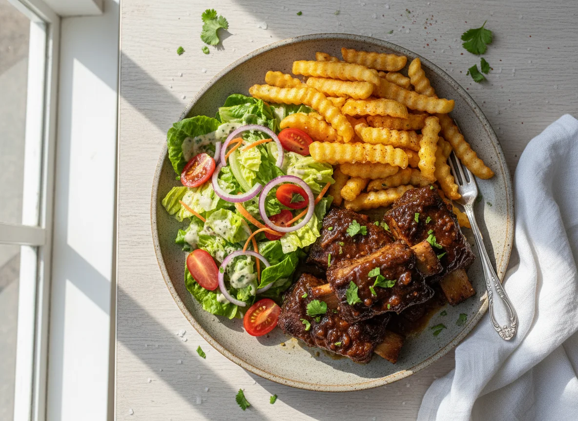 Costillas de res con papas fritas y ensalada photo