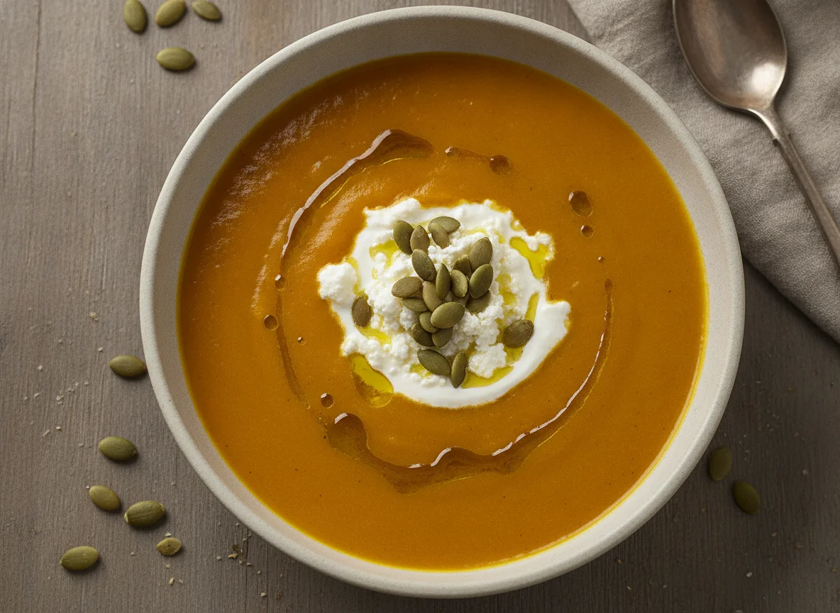 Crema de calabaza con queso y semillas photo