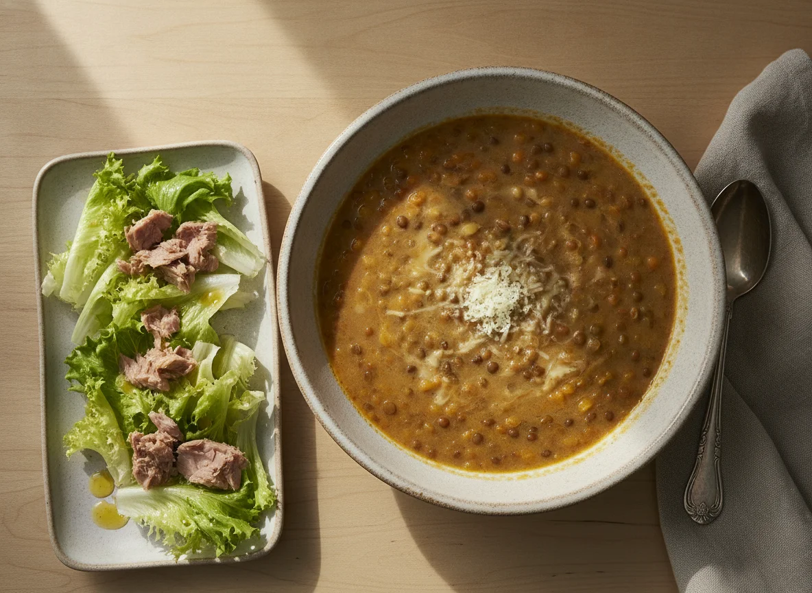 Crema de legumbres con queso y ensalada de lechuga con atún photo