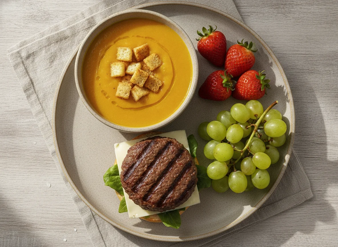 Crema de verduras con picatostes, hamburguesa y fruta photo