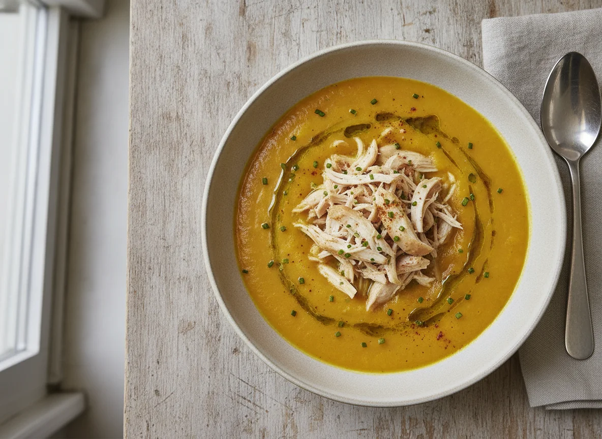 Crema de verduras con pollo deshilachado photo