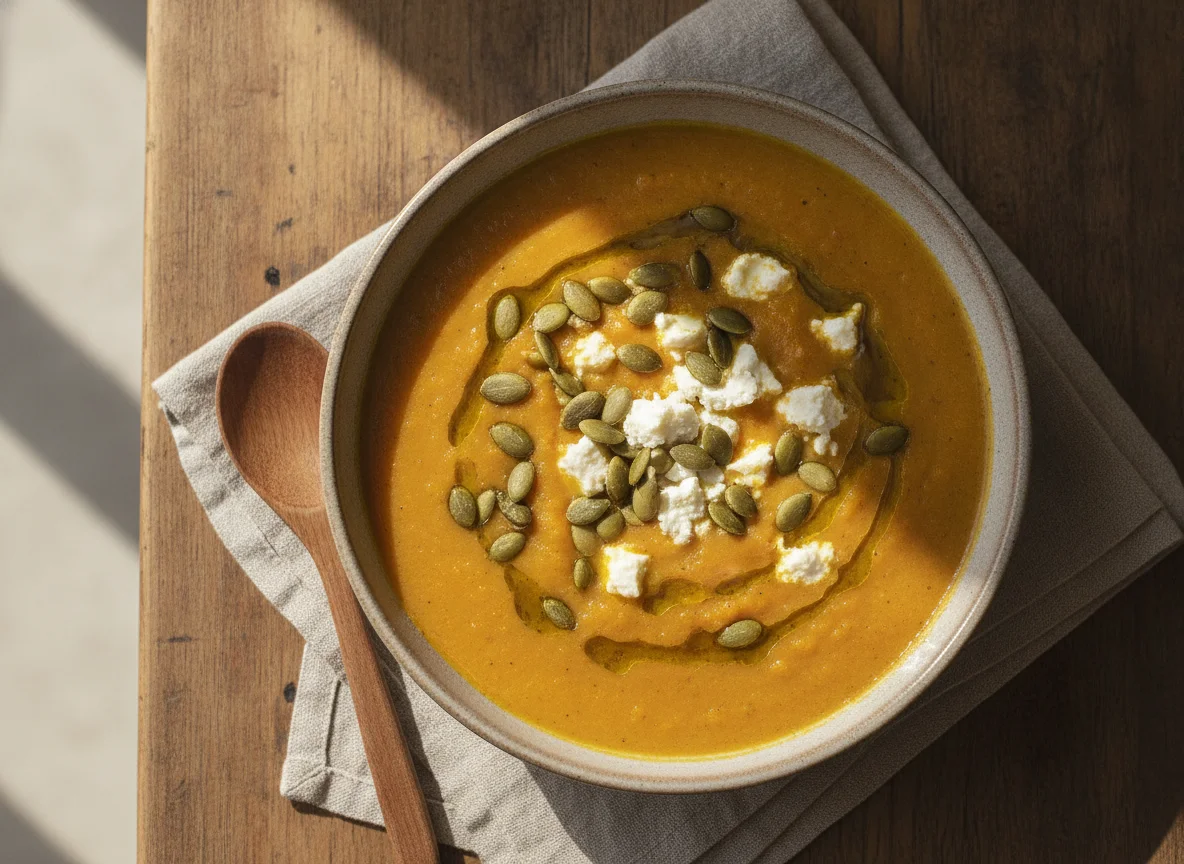 Crema de verduras con semillas y queso photo