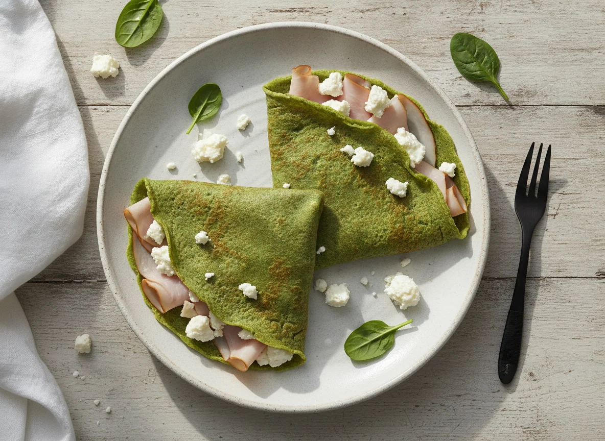 Crepas de espinacas con jamón y queso fresco photo