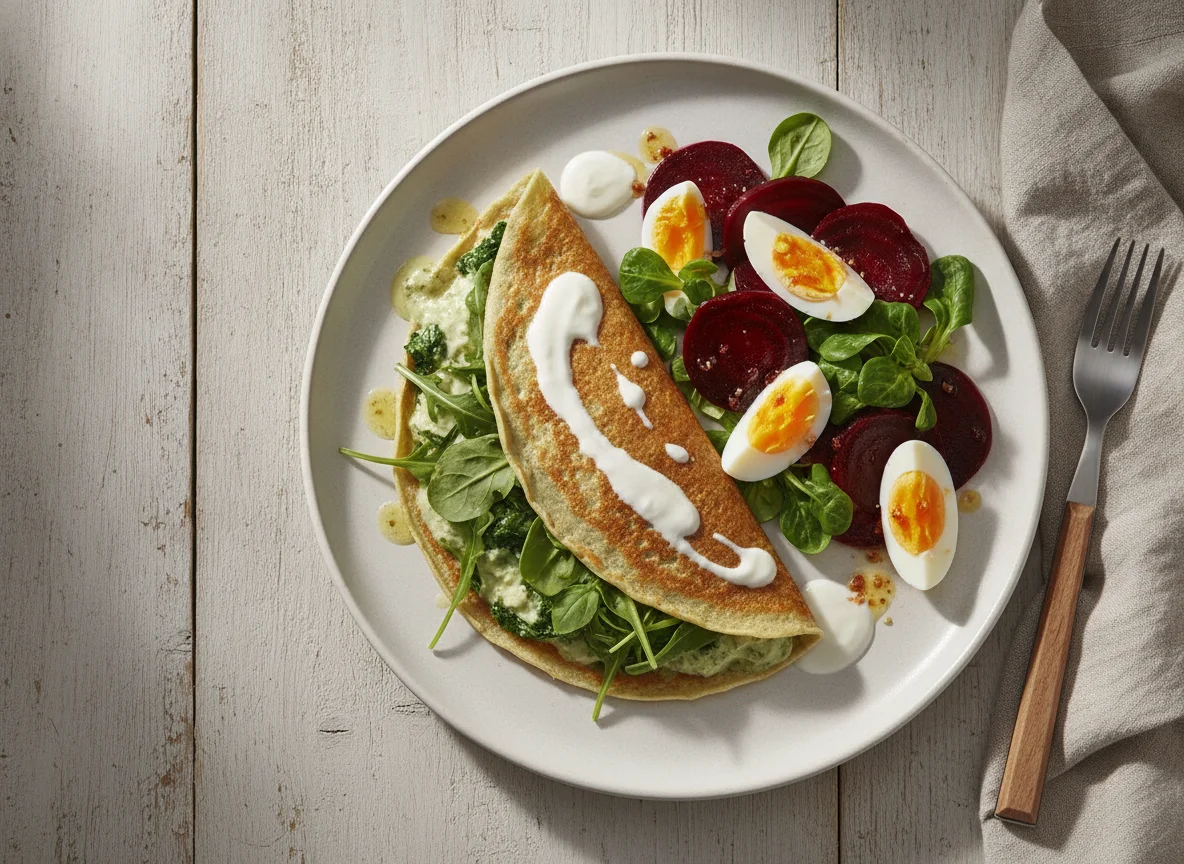 Crepe de espinacas con ensalada de remolacha y huevo photo