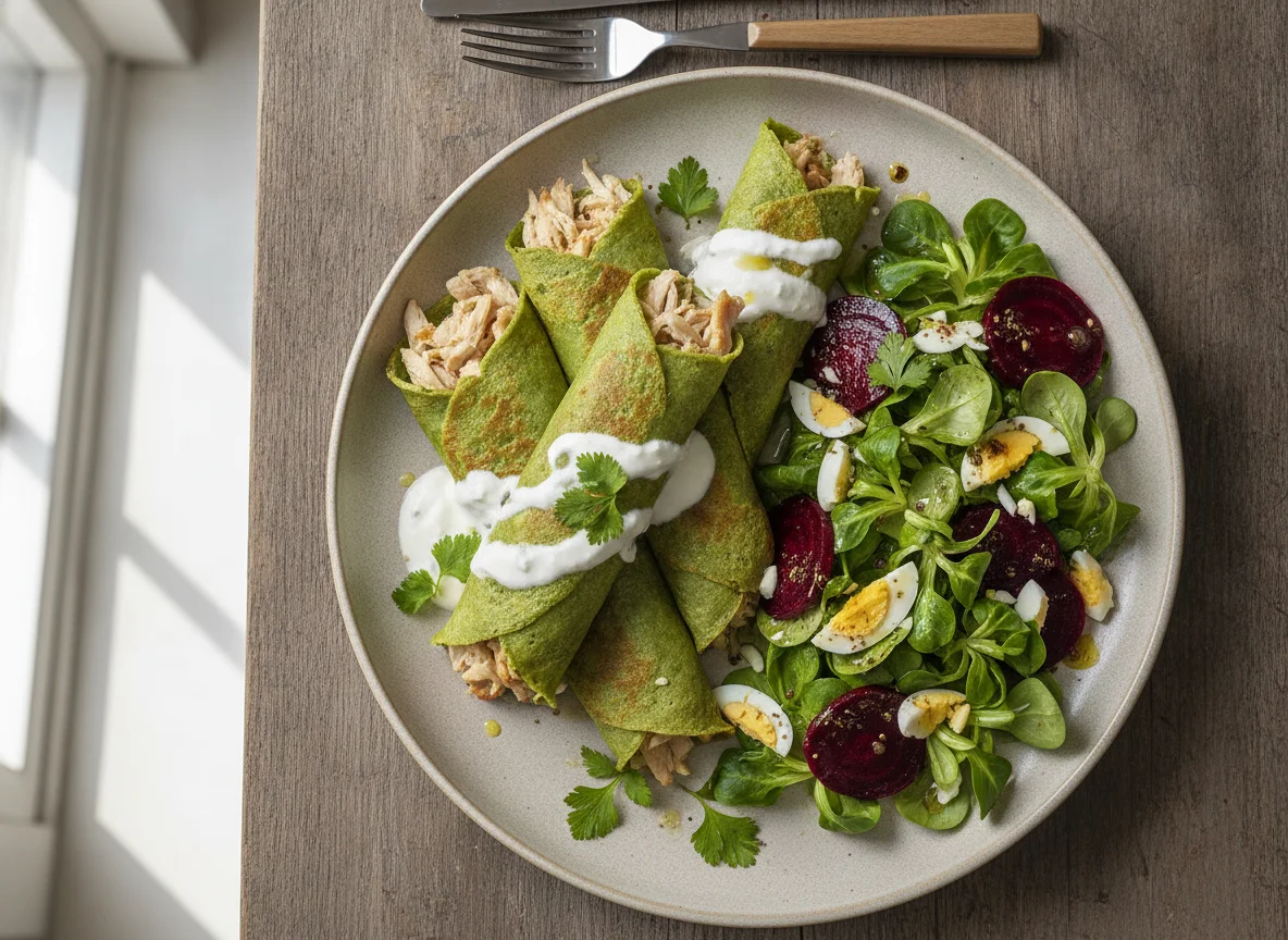Crepe de espinacas relleno de pollo con ensalada de remolacha y canónigos photo