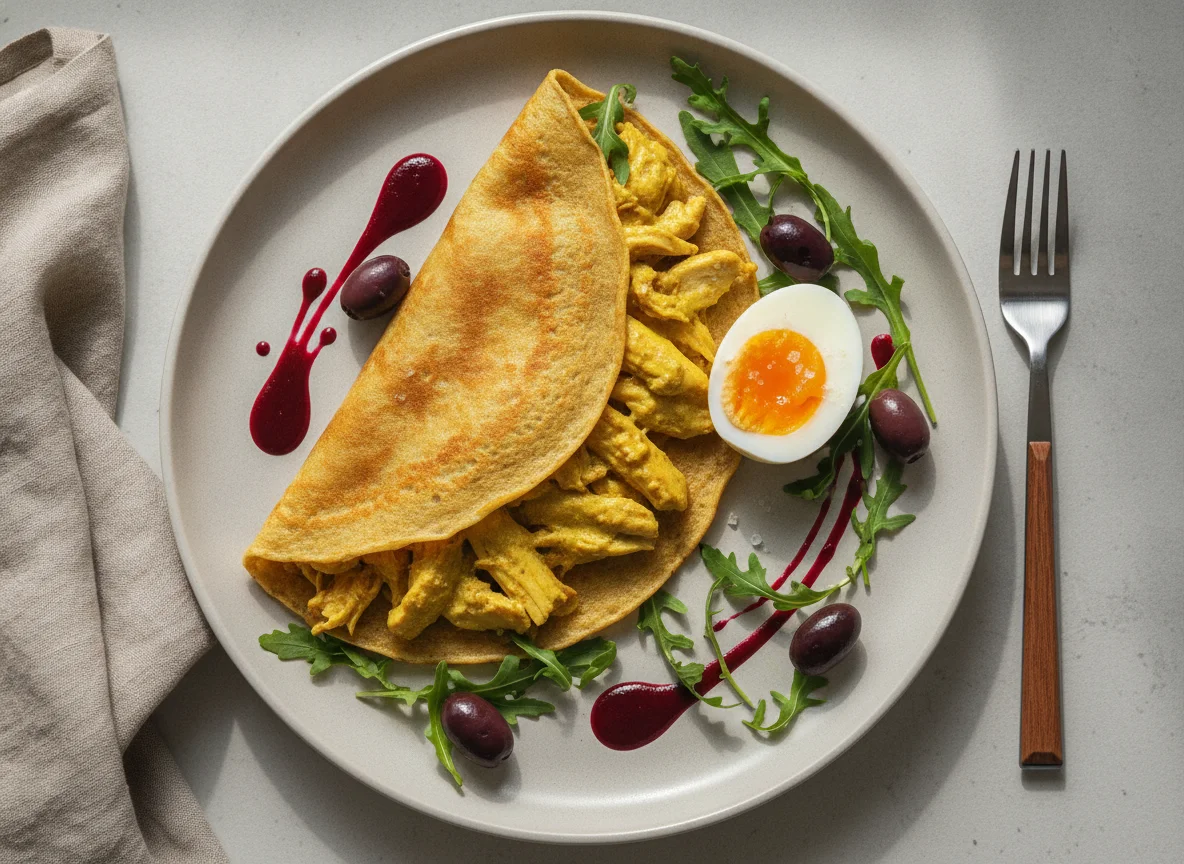 Crepe de pollo al curry con huevo y rúcula photo