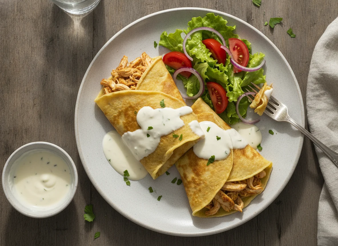Crepe de pollo con ensalada y salsa blanca photo