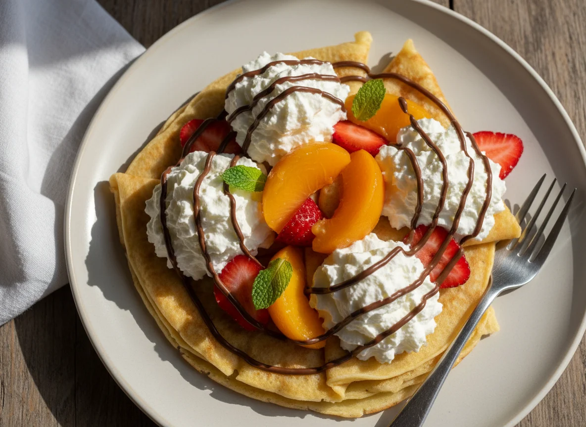 Crepes con frutas y crema batida photo
