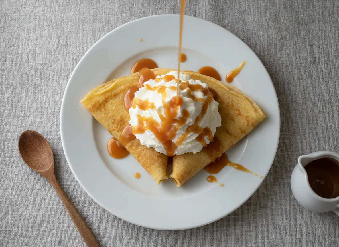 Crepes con nata y sirope de caramelo photo
