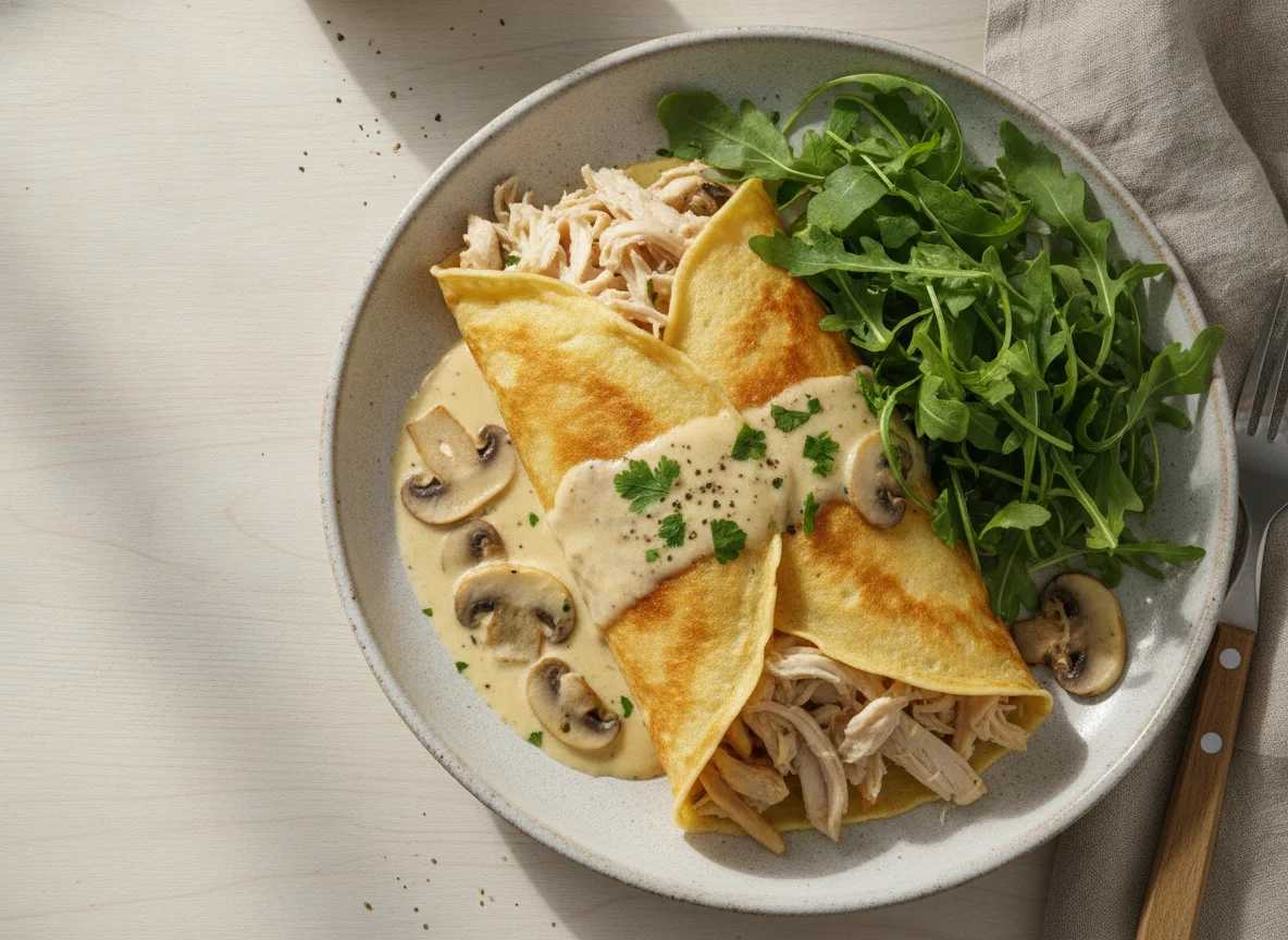 Crepes de pollo y champiñones con rúcula photo