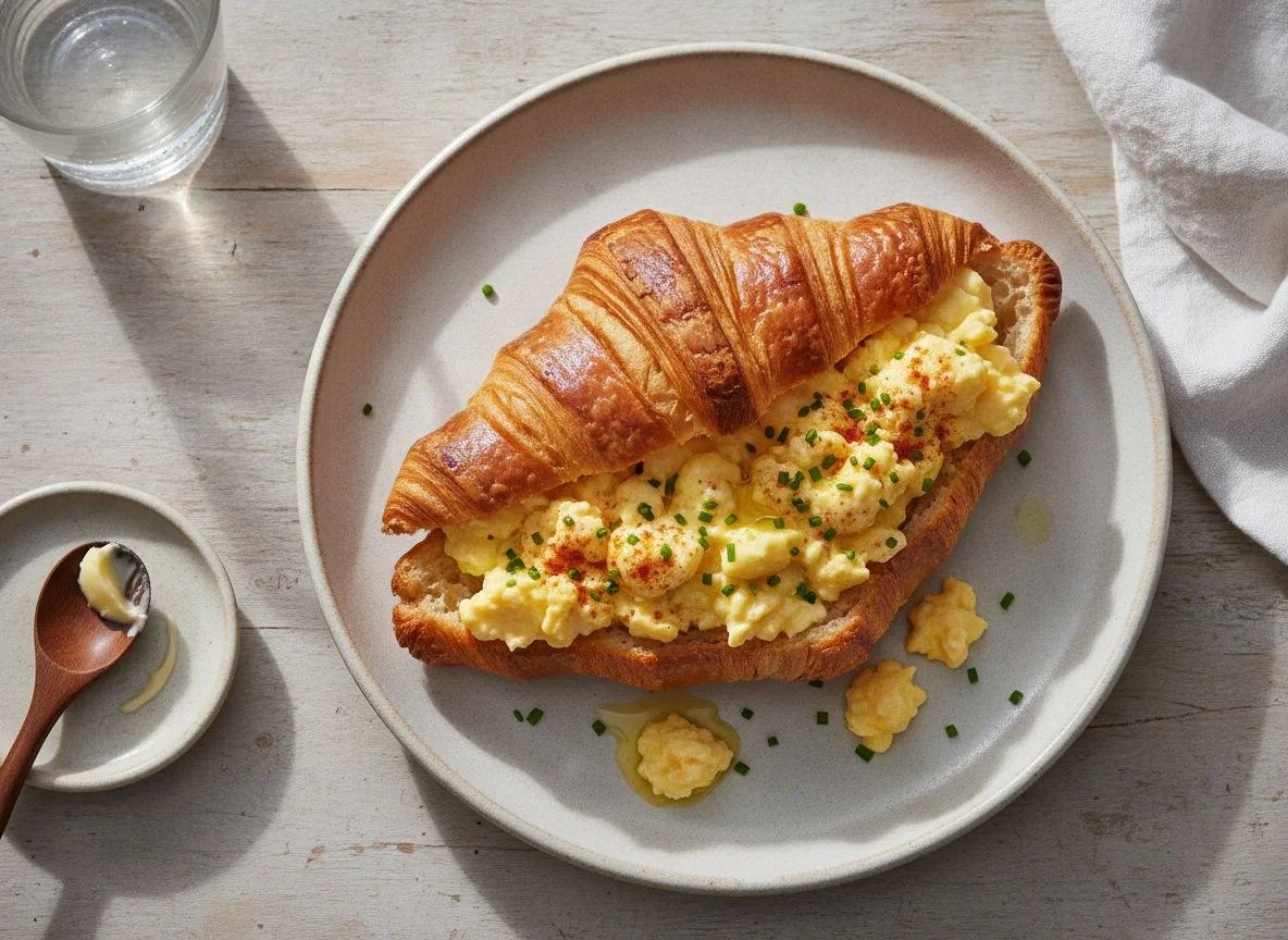 Croissant con huevos revueltos photo