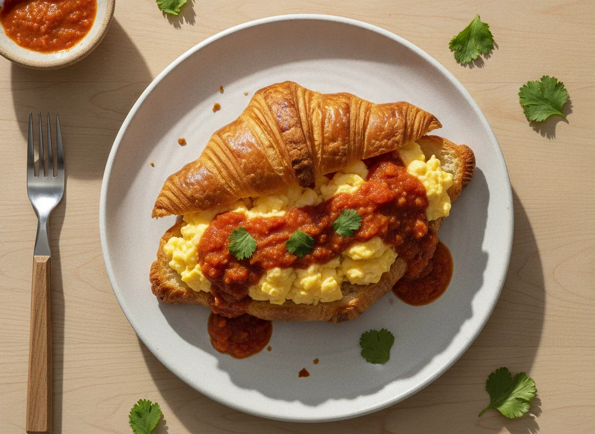 Croissant con huevos revueltos y salsa photo