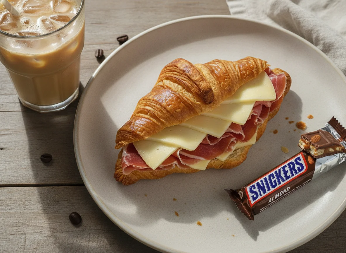 Croissant de jamón y queso, barra de chocolate y café helado photo