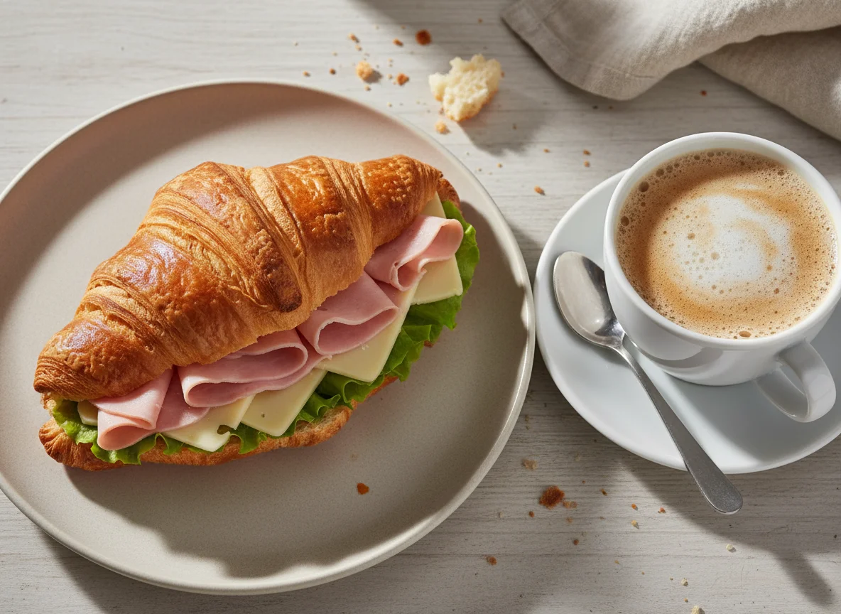 Croissant de jamón y queso con café photo