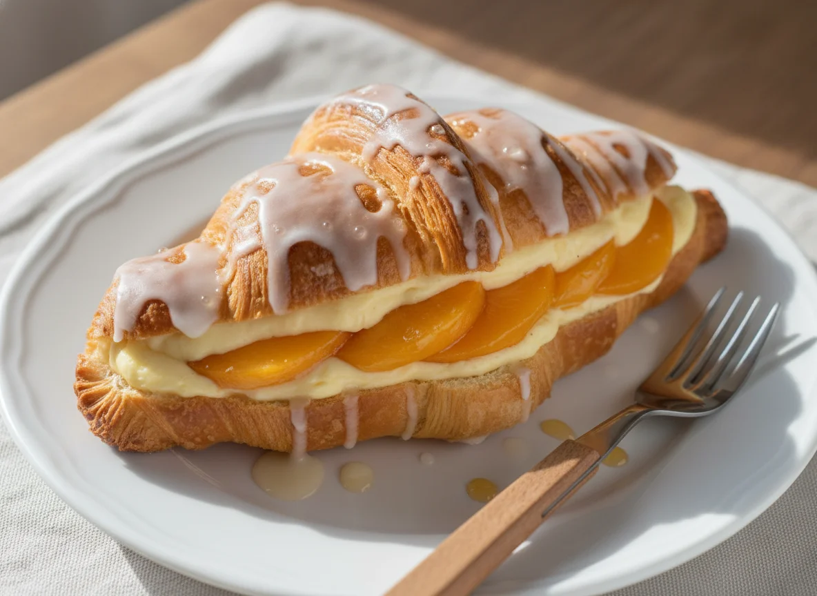 Croissant relleno de crema y durazno con glaseado photo