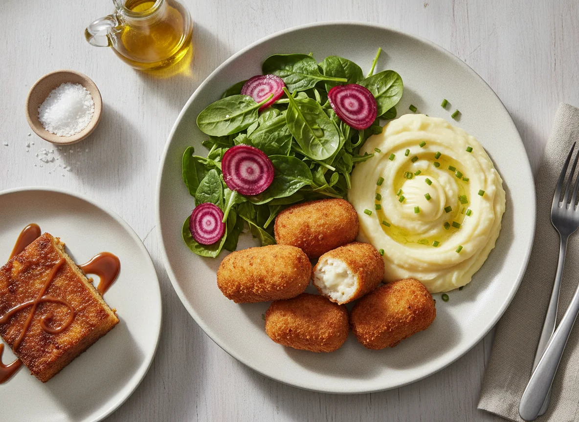 Croqueta de pollo con puré de papas, ensalada mixta y postre photo