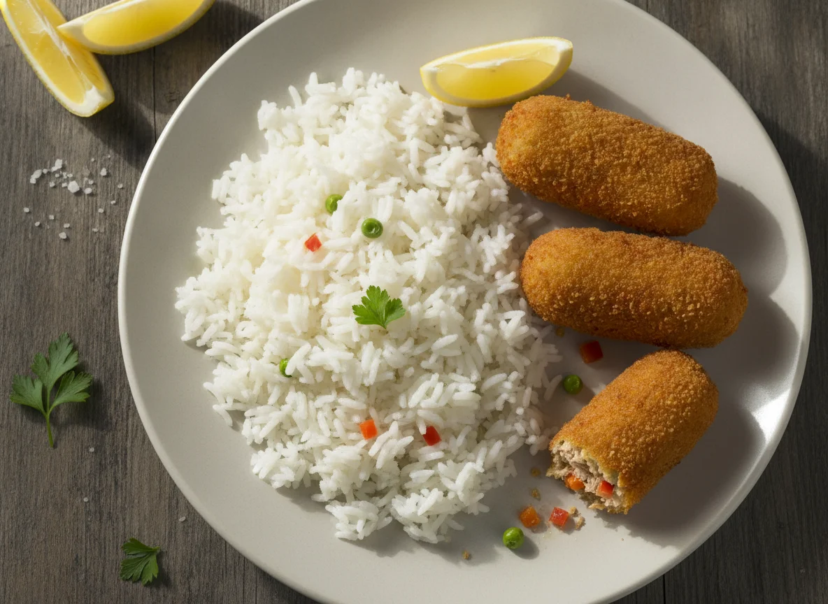 Croquetas de atún con arroz blanco photo