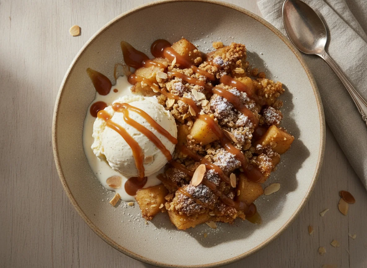Crumble de manzana con helado y salsa de caramelo photo