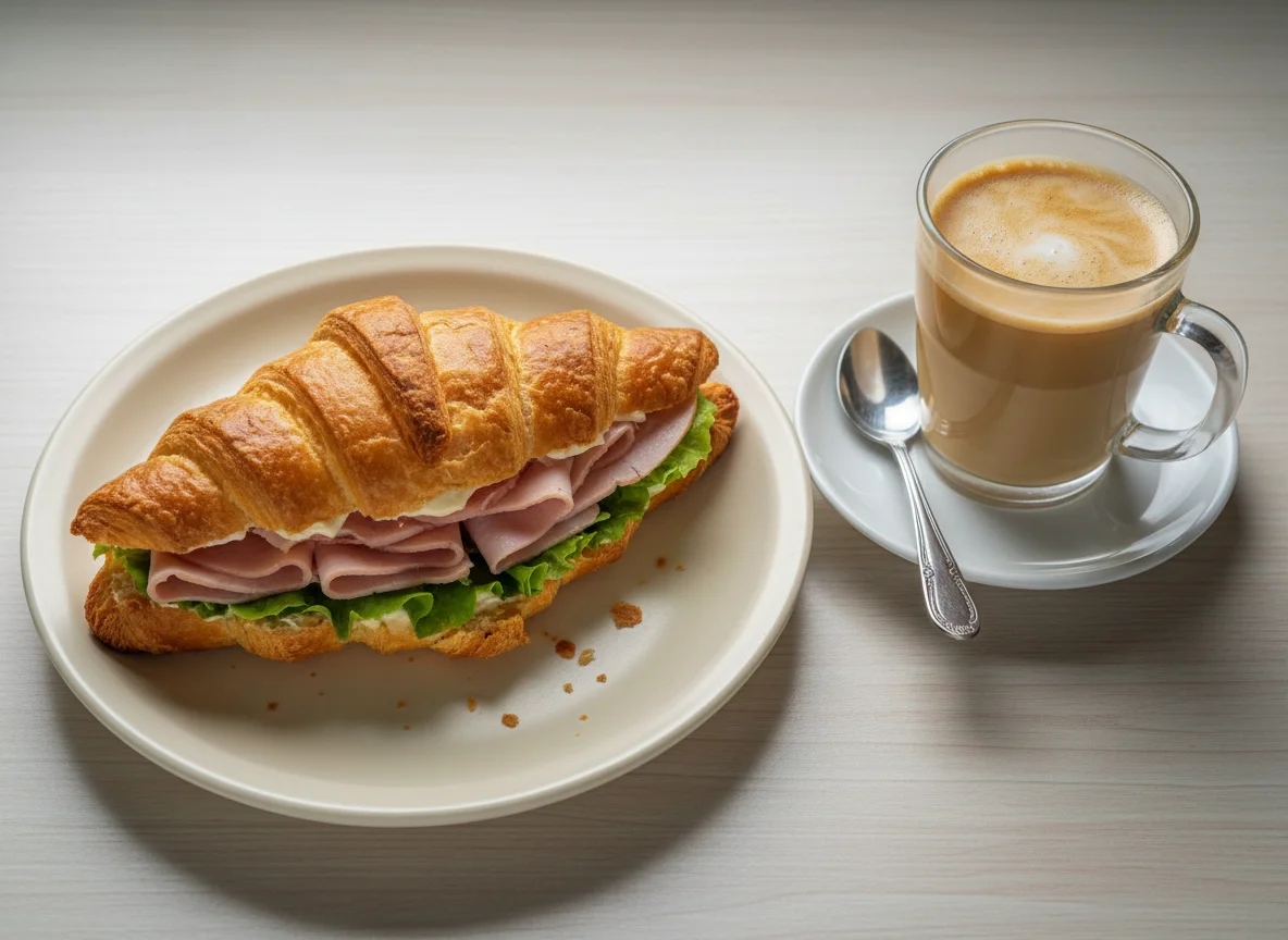 Cuernito de jamón y café con leche photo