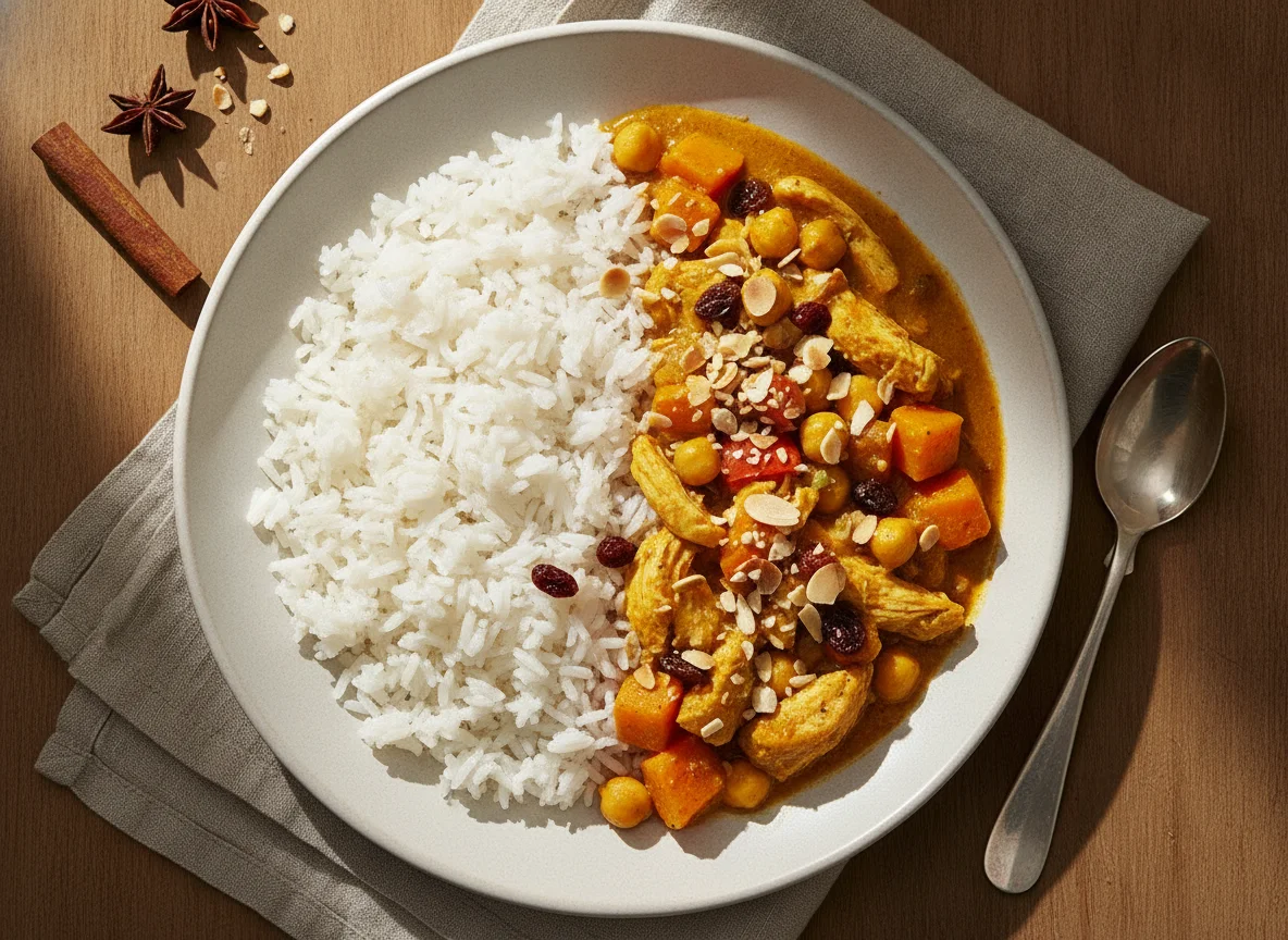 Curry de garbanzos y pollo con arroz basmati photo
