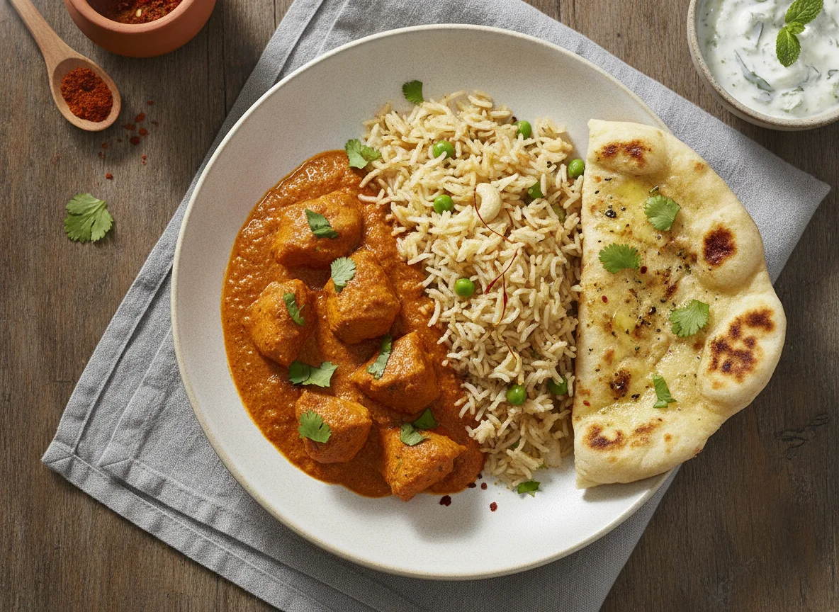Curry de pollo con arroz basmati y pan naan photo