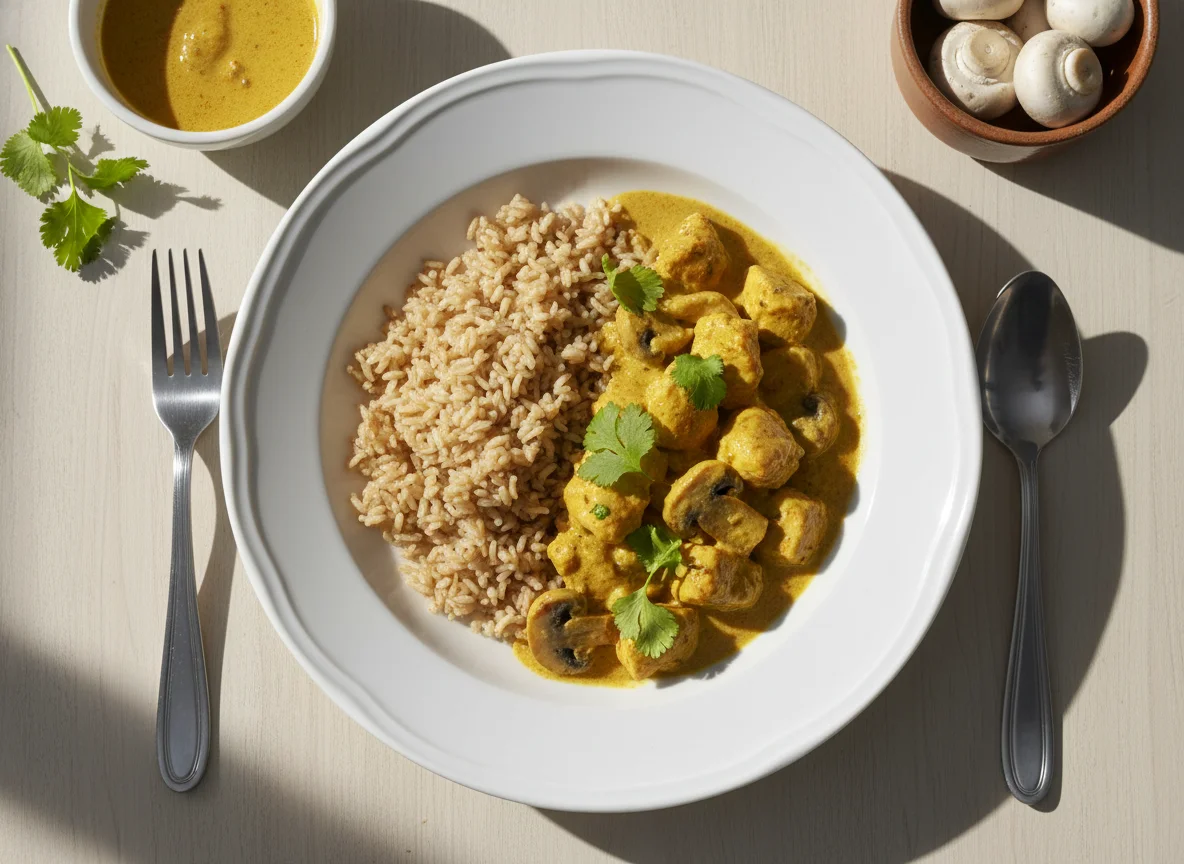 Curry de pollo con arroz integral y champiñones photo