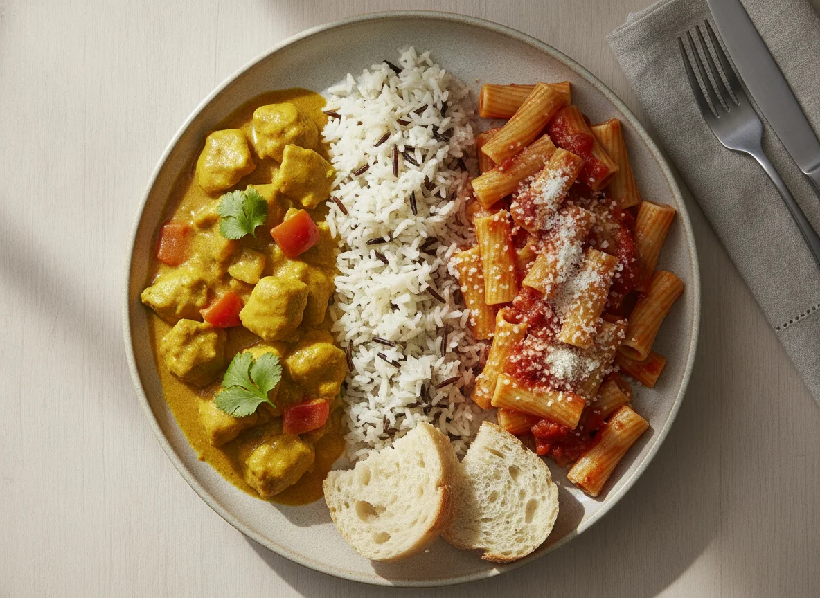 Curry de pollo con arroz y pasta con salsa de tomate y queso photo
