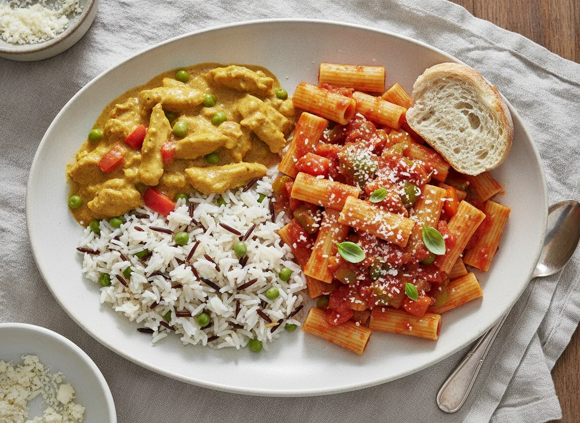 Curry de pollo con arroz y pasta con tomate y queso photo