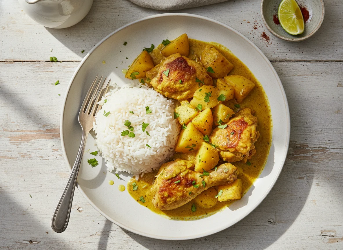 Curry de pollo con patatas y arroz photo