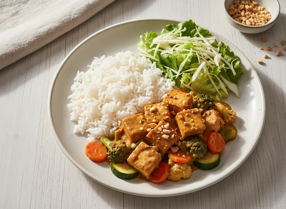 Curry de tofu y verduras con arroz y ensalada photo