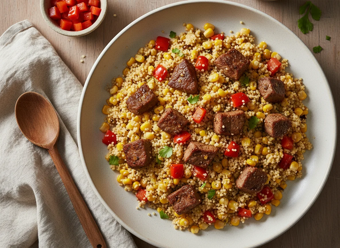 Cuscús con carne de res, maíz y pimentón photo