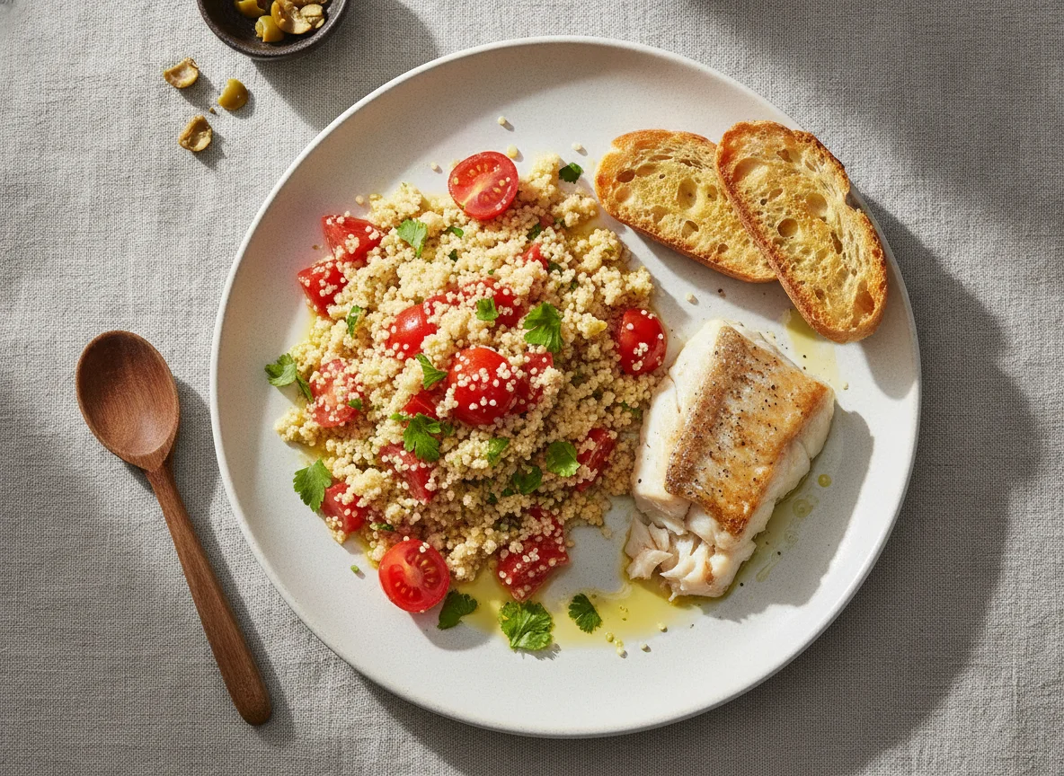 Cuscús con tomate, pescado al horno y pan tostado photo