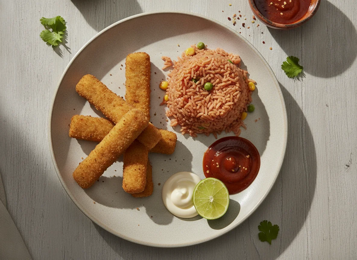 Dedos de pescado con arroz rojo y aderezo photo
