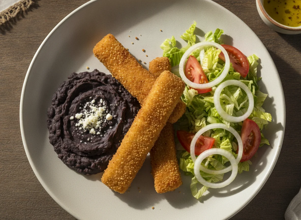Dedos de pescado con frijoles refritos y ensalada photo