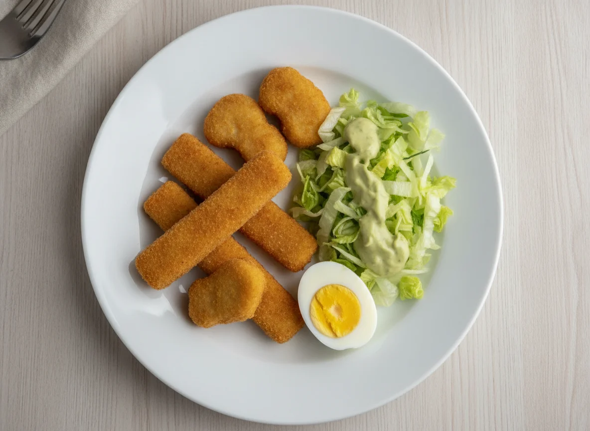 Dedos de pescado con huevo y ensalada photo