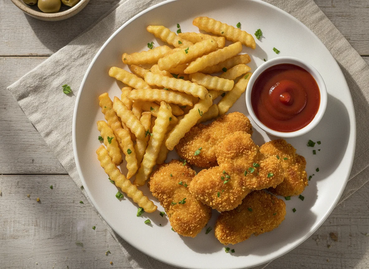 Delicias de Pollo con Patatas Fritas y Salsa photo