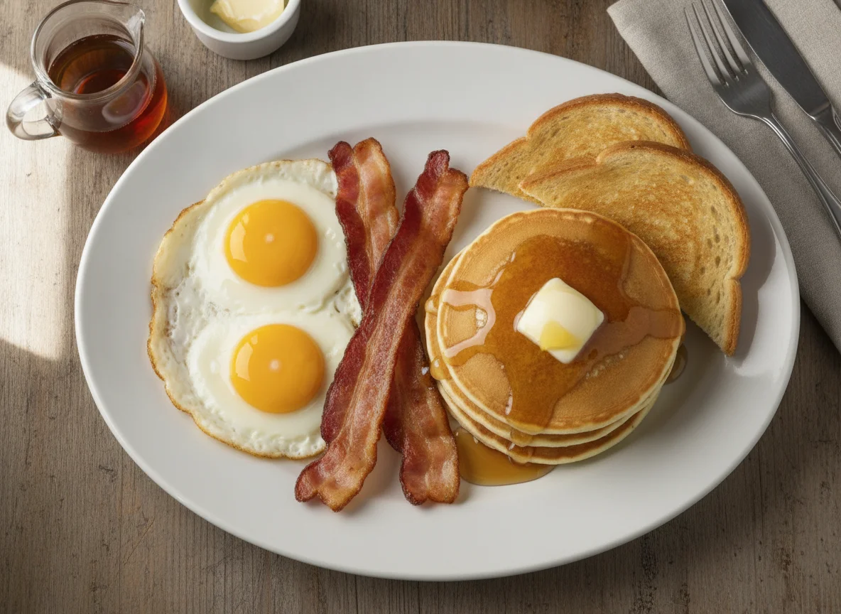 Desayuno Americano con Huevos, Tocineta y Pancakes photo