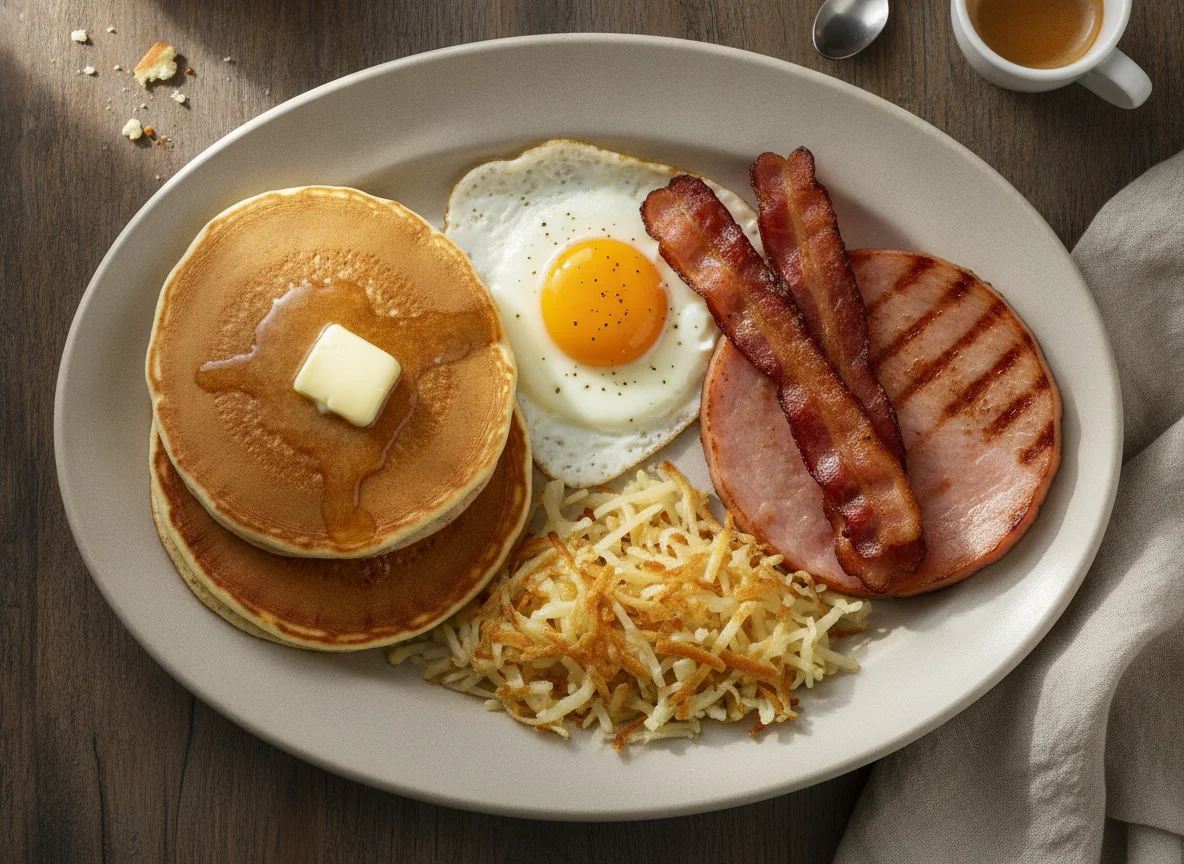 Desayuno americano con panqueques, huevo, tocino, jamón y papas ralladas photo