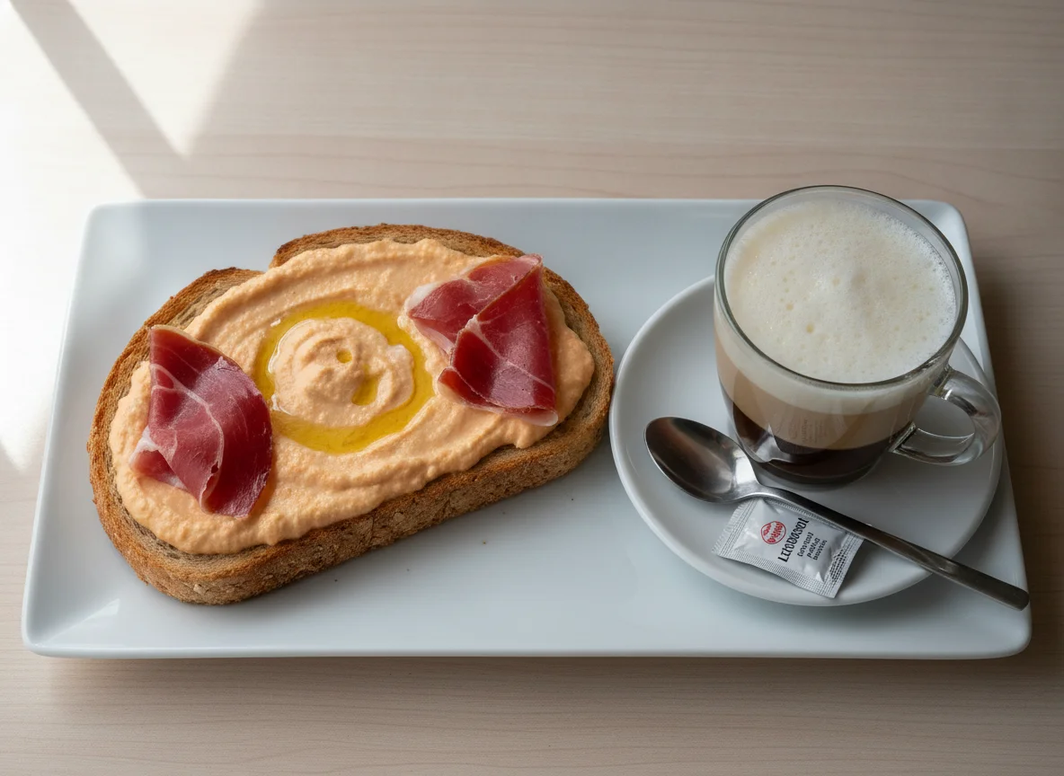 Desayuno andaluz: Tostada de pan integral con jamón, salmorejo y café manchado photo