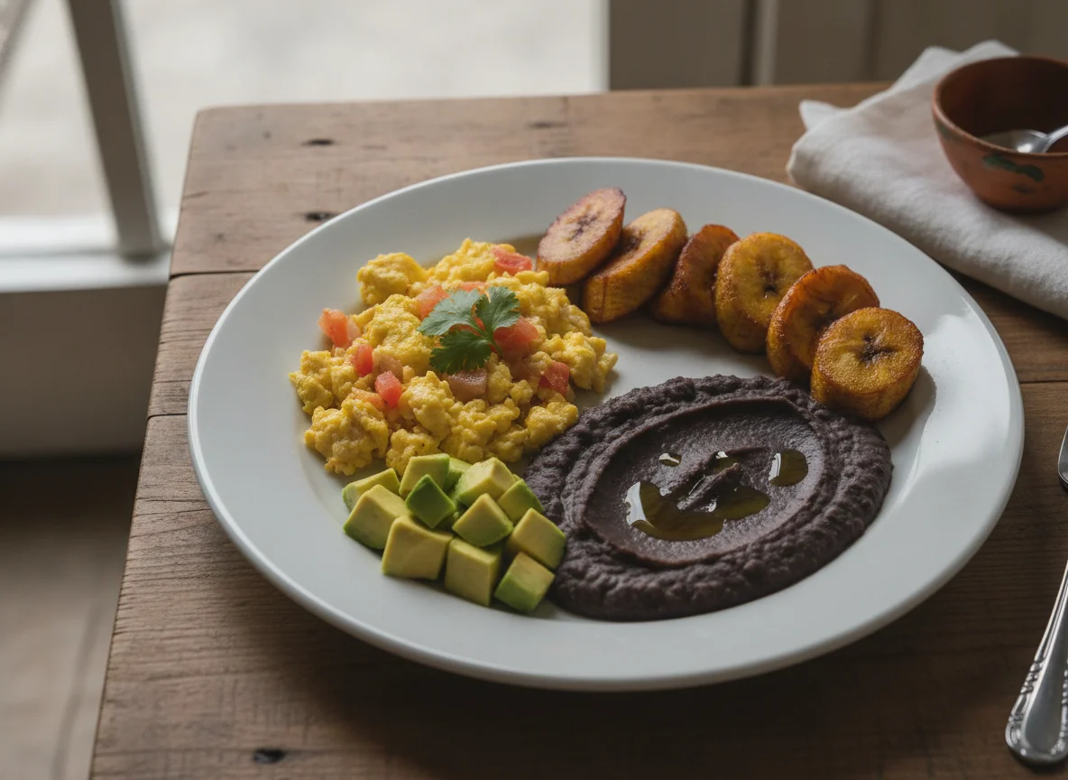 Desayuno Chapín con Huevos Revueltos, Plátanos y Frijoles photo