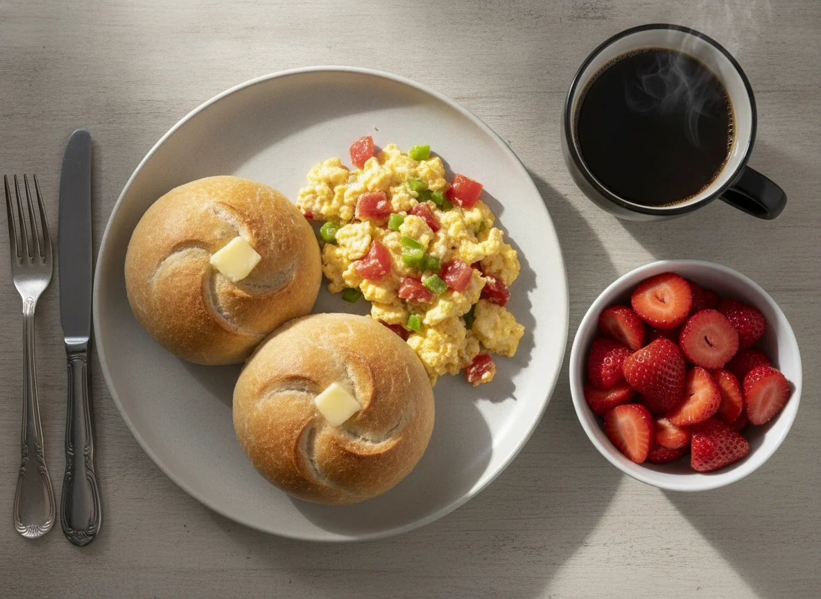 Desayuno chileno con huevos revueltos, pan hallulla y frutas photo