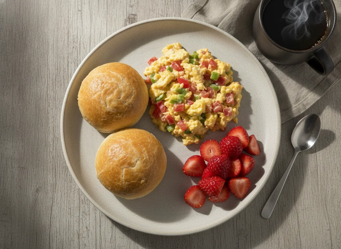 Desayuno chileno con huevos revueltos, pan y fruta photo