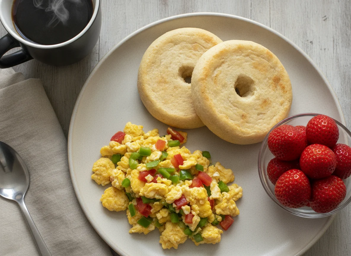 Desayuno chileno con huevos revueltos, pan y frutas photo