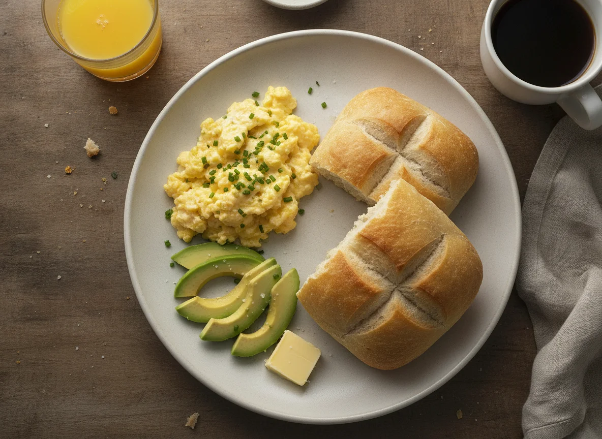 Desayuno chileno con palta, huevos revueltos y pan photo